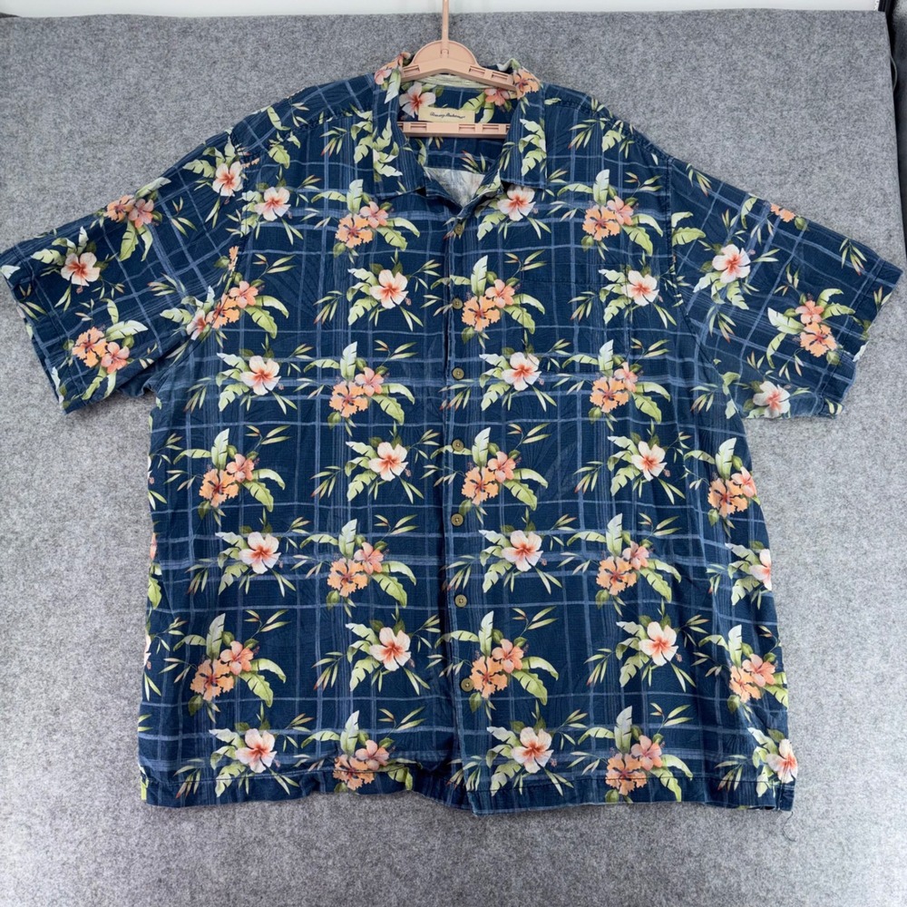 Tommy Bahama Mens 3XT Blue Silk Tropical Hibiscus Floral Camp Shirt Short Sleeve